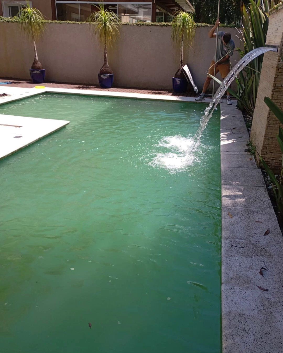 Limpeza da piscina retangular com cabo, água ainda verde